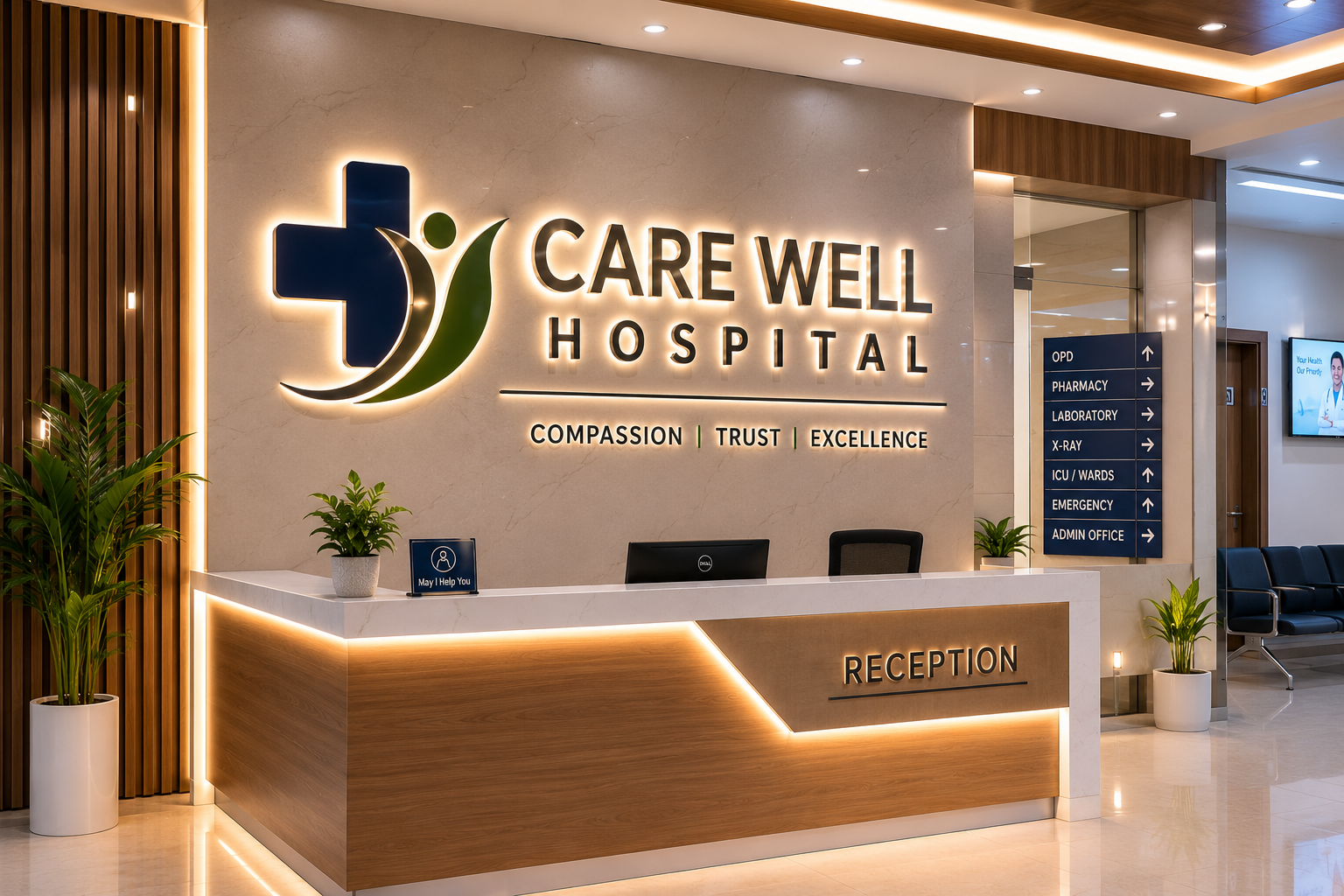 Reception area signage for hospital